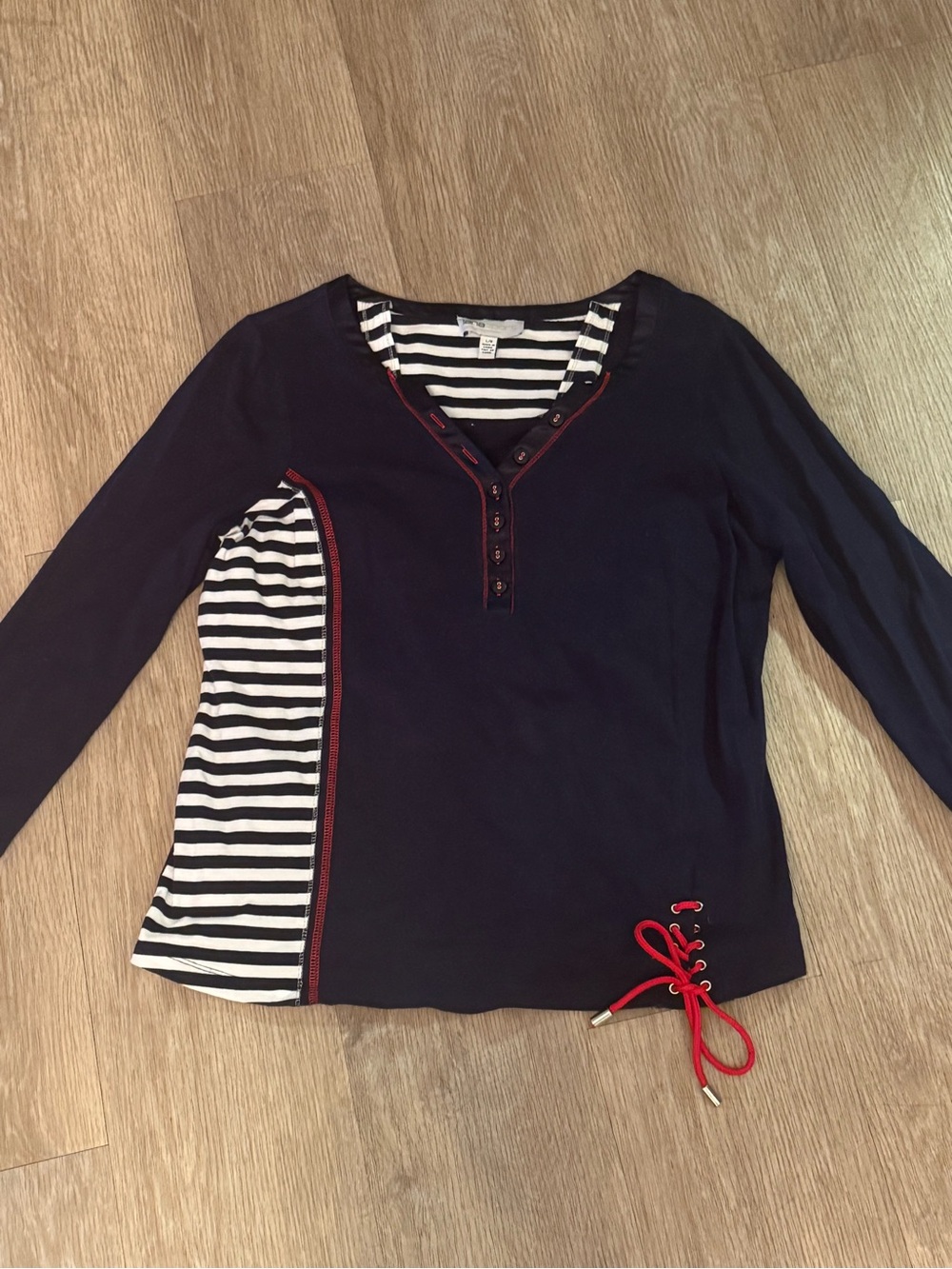 Lana Sport Color block Henley Top Navy Cinch Hem 3/4 Sleeve Sz L